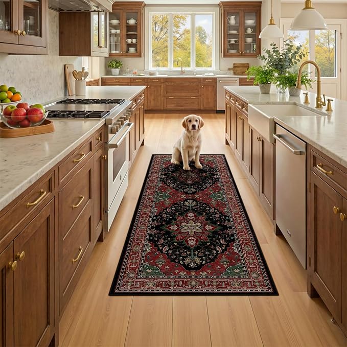 RELEANY Area Rugs Runner 2'x5' Washable Non-Slip, Floral Vintage Distress Medallion Carpet for Kitchen Hallway Bedroom Beside Laundry Room Bathroom, Red Black
