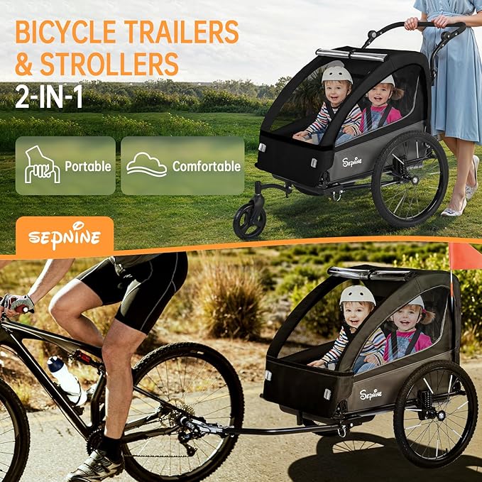 Sepnine 2-in-1 Kids Bike Trailer and Stroller with Suspension – Bike Trailer for 1 to 2 Children, Jogging Function, Foldable, 5-Point Harness, Spacious Storage, with Bug Screen and Weather Shield