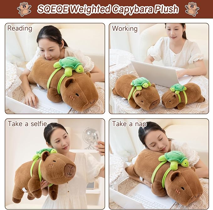 SQEQE Weighted Stuffed Animals Capybara Plush, Weighted Capybara Stuffed Animals with Turtle Backpack, Soft Pillow Toy for Kids Adults, Birthday Present 9.8 Inch, 0.8 Lb
