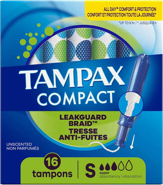 Tampax Compact Pearl Tampons, with LeakGuard Braid & Extendable Applicator, Super Absorbency, Compact Extendable Applicator, Unscented, 16 Count (Packaging May Vary)