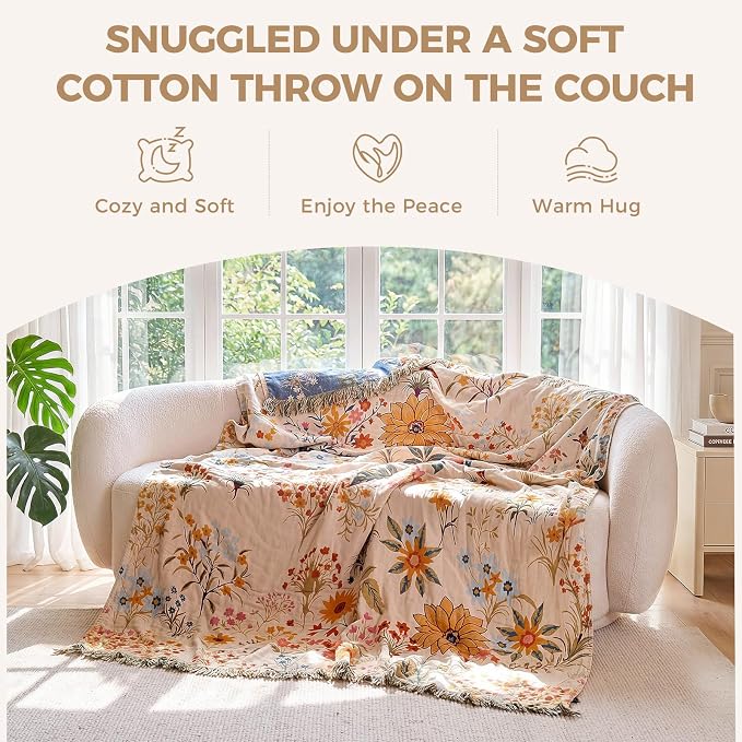 LUTBM Boho Throw Blanket for Couch 50"x60", Cotton Decorative Bed Throws | Reversible Floral Embroidery, All-Season Blankets, For Chair Sofa Bedroom Living Room, Lightweight & Breathable, Home Decor