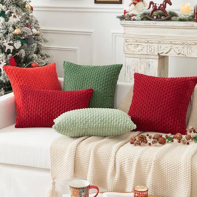 Kevin Textile Soft Corduroy 12"x24" Lumbar Pillow Cover 1 Pack, Red | Boho Stripe Plush Corduroy Decorative Oblong Cushion Cover Modern Farmhouse Home Decor for Sofa Couch Bed Chair