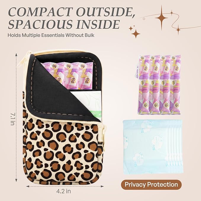 KJQJLY 2 Pack Portable Tampon Organizer Bag Tampon Holder & Storage Case with Zipper for Travel, Discreet Period Bag for Purse, Waterproof Feminine Products Pouch for Women (Leopard Print)