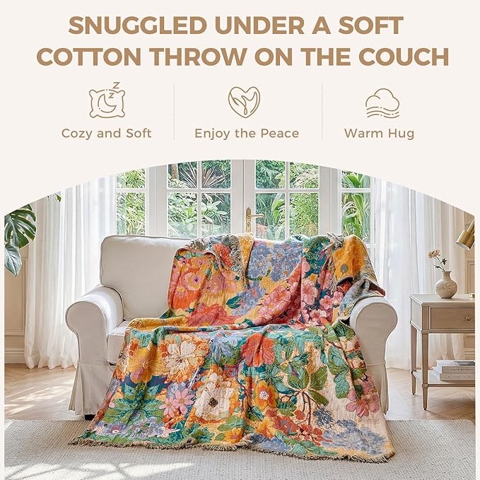 LUTBM Boho Throw Blanket for Bed 60"x80", All Season Cotton Couch Blankets | Reversible Watercolor Floral, Muslin Twin Quilt, For Chair Sofa Living Room, Lightweight & Breathable Gauze, Home Decor Gift