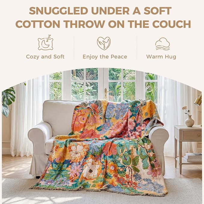 LUTBM Boho Throw Blanket for Couch 50"x60", Cotton Decorative Bed Throws | Reversible Watercolor Floral Jacquard, All-Season, For Chair Sofa Living Room, Soft Lightweight Summer Blankets, Home Decor