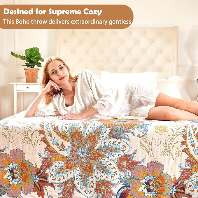 VANJOROY Boho Throw Blanket, 100% Organic Cotton Breathable Skin-Friendly Ultra Soft Bed Quilt Throw - All Season Floral Bird Farmhouse Décor Luxury Blanket for Sofa Couch Chair and Gift. 91" x 98"