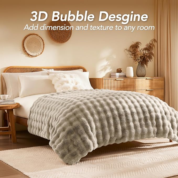 L'AGRATY Faux Rabbit Fur Throw Blanket for Couch, 50'' x 60'', Castle Grey | Soft Cozy Bubble Fluffy Blanket for Sofa Bed, Thick Warm Plush Fuzzy Throw for Room Home Decor, Luxury Gift for Women Mom