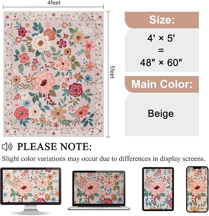 DUKINO 4x5 Area Rug for Entryway, Soft Floral Washable Rug Non Slip, Beige | Low Pile, Non-Shedding Indoor Carpet for Bedroom, Kitchen, Living Room, Nursery, Pet Friendly, Stain Resistant, Home Decor