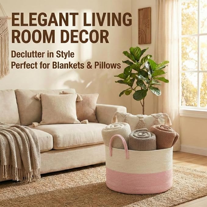JMvicyroam 115L Extra Large Machine Washable Cotton Rope Blanket Basket | Collapsible laundry hamper, Reinforced handles, For blankets, pillows, toys and clothes, Living room and bedroom, White&Pink