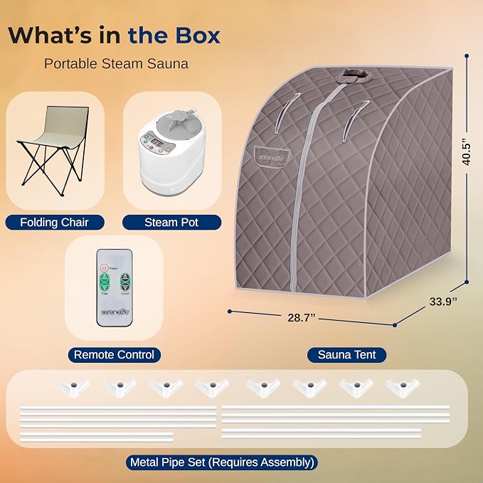 SereneLife Portable Steam Sauna - One Person Full Body Compact Home Sauna Tent with Foldable Chair, 122°F, 60 Min Timer, Ideal for Stress Reduction, Wellness, and Personal Care, Gray