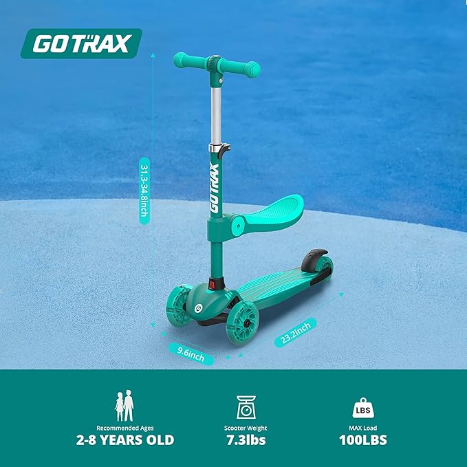 Gotrax KS3 Kids Kick Scooter, LED Lighted Wheels, Adjustable Height Handlebars and Removable Seat, Lean-to-Steer & Widen Anti-Slip Deck, 3 Wheel Scooter for Kids Ages 2-8 and up to 110 Lbs