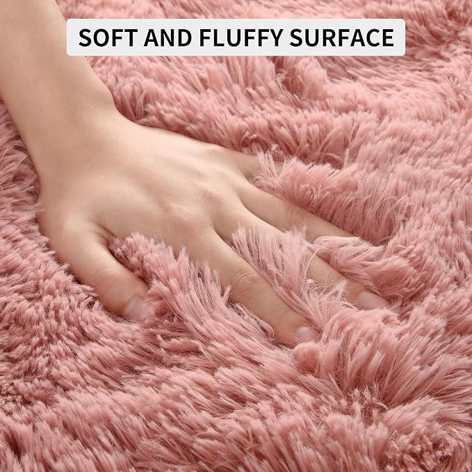 Tepook Blush Pink Area Rugs for Living Room Girls Bedroom, 9x12 Fluffy Shaggy Dusty Pink Rug for Kids Room Playroom, Plush Shag Non-Slip Carpet for Nursery Dorm Classroom, Cute Rose Beige Rug