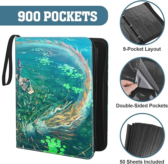 Trading Card Binder, 3-Ring Zippered for Standard 2.5"x3.5" TCG and Sports Cards, 9-Pocket Double-Sided Pages, 50 Sheets/900 Pockets, Acid-Free PVC-Free, PU Cover, Wrist Strap - Lake Art Design