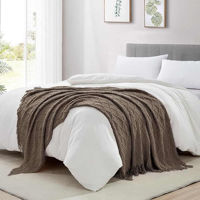 BOURINA Brown Throw Blanket 50 x70 Inch Jacquard Throw Knitted Blanket | Jacquard Argyle Throw Textured Solid Soft Throws and Blankets for Sofa or Bed Knitted Decorative Blanket