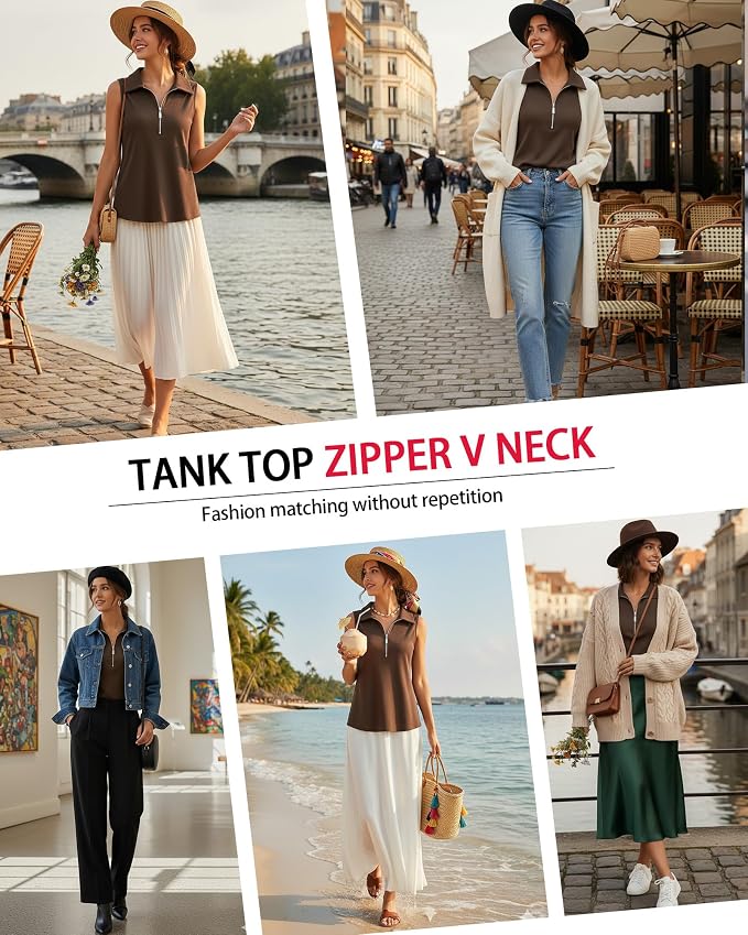 Vivilli Womens Ribbed Tank Top Zipper V Neck Dressy Casual Blouses Sleeveless Camisole Tops Work Tank Polo Shirts