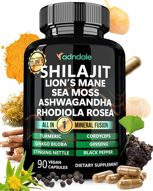 Adndale Shilajit for Men and Women. Pure Himalayan Organic Shilajit Capsules with Sea Moss Ashwagandha Rhodiola Rosea Lion’s Mane. 90 Count