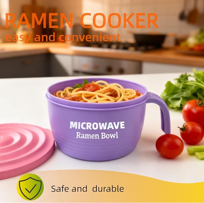 Layron Ramen Cooker Bowl - 45 oz Microwaveable Noodle Bowl Ramen in few Minutes- BPA Free and Dishwasher Safe Set with Chopsticks Perfect for Dorm, Small Kitchen, or Officee (purple)