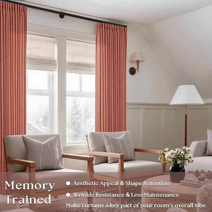 Extra Long Terracotta Pleated Linen Curtains 120 Inches Long Firebrick | Light Filtering Semi Sheer, Back Tab Pinch Pleat, for Tall Ceiling Living Room, Autumn Fall Decor Red Clay Farmhouse Rustic