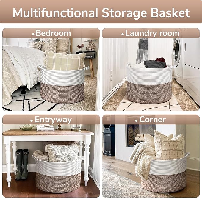 Goodpick Large Woven Blanket Basket Living Room & Playroom, 85L | 21.7 x 21.7 x 13.8 In Woven Basket for Storage, Kids Toy Storage for Playroom, Laundry Basket for Towels, Mele