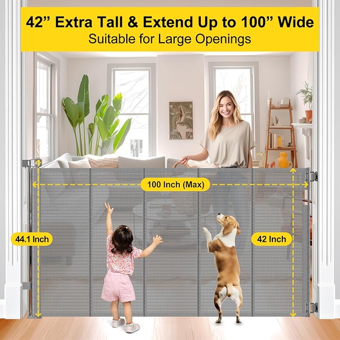 Reinforced 42” Tall x 100” Wide Retractable Baby Gates Extra Tall Dog Gate with Rods to Prevent Crawling Through, Pet Gate for Large Openings Extra Wide Mesh Baby Gate for Stairs, Gray
