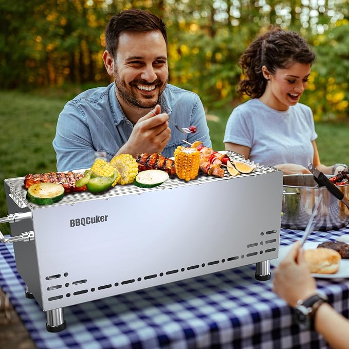 BBQCuker Portable Charcoal Grill,Heavy-Duty Stainless Steel Small BBQ Grill with Double-Layer Insulation Design,170 Sq. In. cooking Area,Tabletop Grill with Travel Bag for Outdoor Camping and Picnic