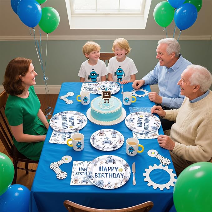 96Pcs Robot Birthday Party Decorations Happy Robot Birthday Plates and Napkins Tableware Set Blue Robots Shape Themed Decorations Favors for Boys Kids Baby Shower Gender Reveal Supplies Serves 24
