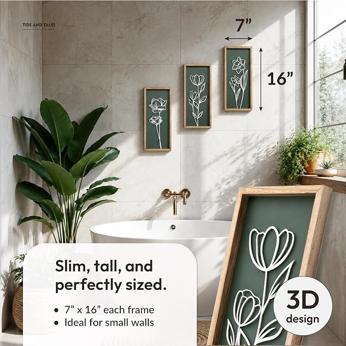 3D Floral Green Wall Art (Set of 3) Lightweight, Wooden Ready-to-Hang Boho Framed Wall Art for Bathroom, Master Bedroom, Living Room or Office - Premium Sage Green Farmhouse Decor - Gift-Boxed