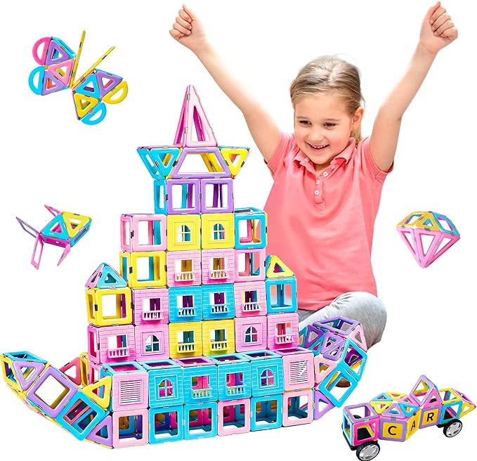 MAGBLOCK Magnetic Tiles with 2 Cars-156Pcs Magnet Toys Set for 3+ Year Old Boys Girls Toddlers, Idea for Girls Magnetic Blocks Building STEM Creativity Educational Toys for Kids