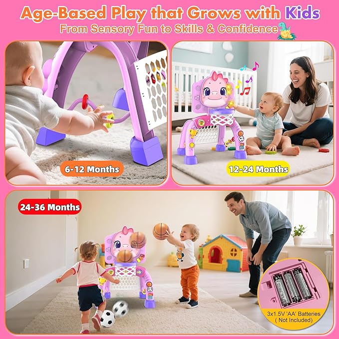 Nicmore Basketball Hoop Toys for Toddlers: Dinosaur Activity Center with Lights Music - Indoor Sports Skills Development - 6, 12, 18, 24+ Month Christmas Birthday Gift for Baby, Boys & Girls
