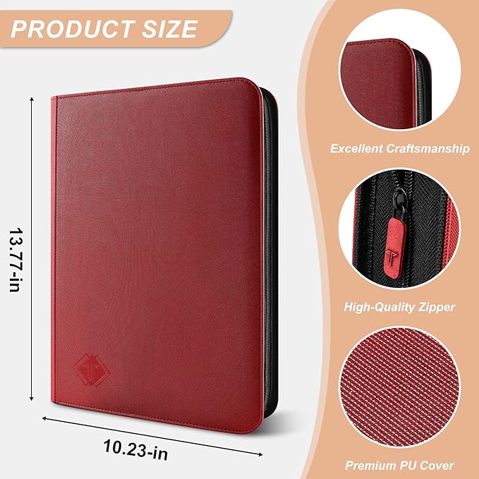 Trading Card Binder, Card Binder Album Folder Book Fit for MTG Baseball Football Sports Cards, Easy to Use Card Collection Binder (Red, 432 Pockets)