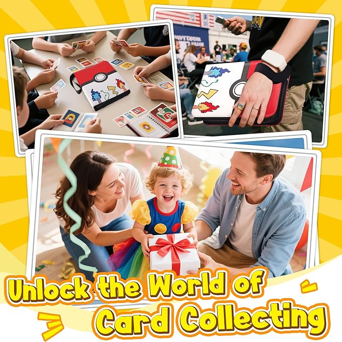 Card Binder – 4 Pocket Zipper Collection Album, Premium PU Holder, Double-Sided Display for 400 Cards, Includes 5 Hard Plastic Sleeves for Game Cards, Sports Cards（Cartoon Stickers）