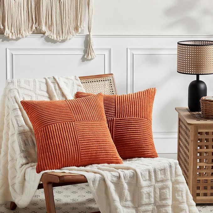Fancy Homi Set of 2 Burnt Orange Samll Decorative Throw Pillow Covers 12x12 Inch for Living Room Couch Bed, Boho Farmhouse Fall Home Decor, Soft Corss Corduroy Patchwork Textured Cushion Case 30x30cm