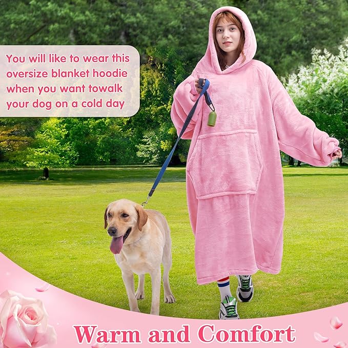 Waitu Wearable Blanket Sweatshirt Gifts for Women and Men, Warm and Cozy Giant Blanket Hoodie, Thick Flannel Blanket with Sleeves - Bright Pink