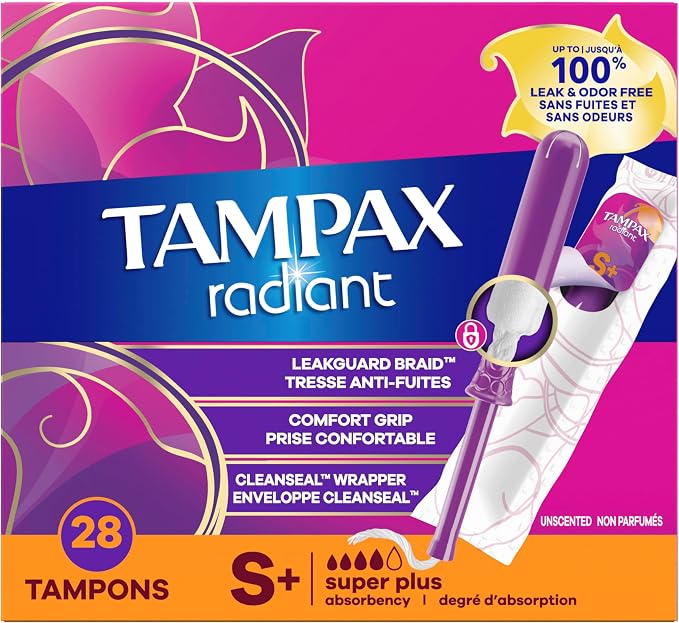 Tampax Radiant Tampons, with LeakGuard Braid, Super Plus Absorbency, Unscented, 28 Count, Packaging May Vary