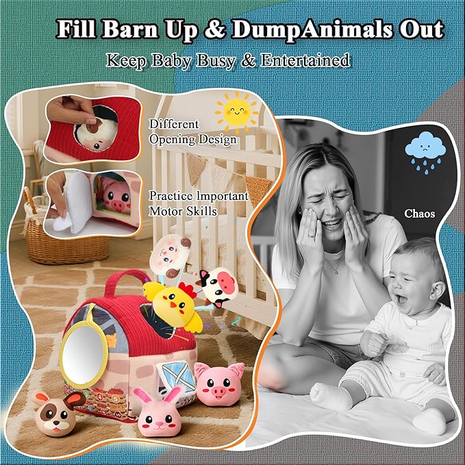 Baby Toys 6-12 Months, Surprise Barn Stuffed Farm Animals with Cloth Books, Rattle, Crinkle, Montessori Sensory Toys for 1-3 Old Infants, Plush Gifts for Boys Girls Valentines Day Birthday Easter