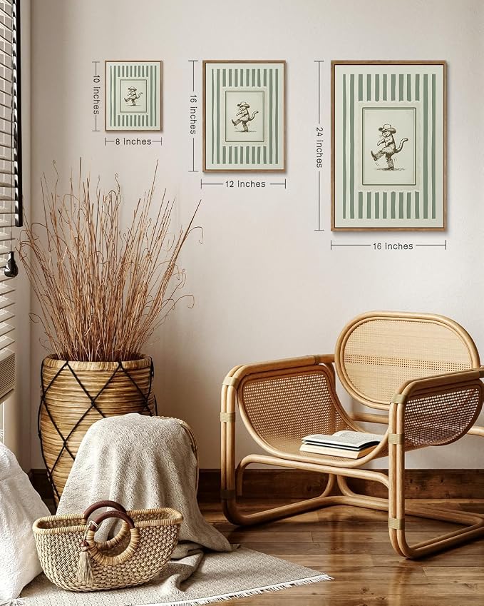 ZZLWBKGL Western Wall Decor Cowboy Cat Canvas Art Nursery Framed Wall Art | Vintage Artwork Boho Striped Paintings Funny Animal Picture for Living Room Kids Room Bedroom 16x24in