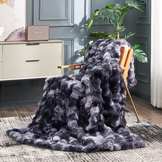 Cozy Bliss Faux Fur Throw Blanket for Couch, Fuzzy Soft Plush Thick Bubble Blanket for Sofa Bedroom Living Room, 60 * 80 Inches Tie Dye Black