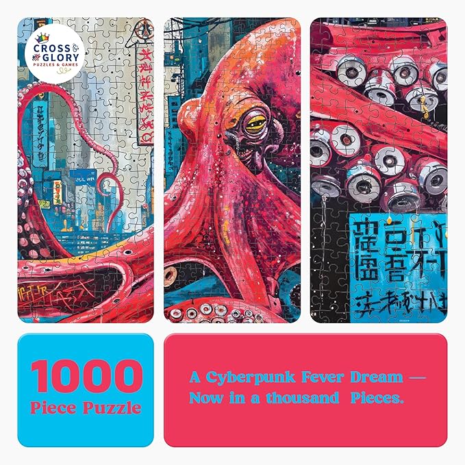 Cross & Glory 1000 Piece Jigsaw Puzzle for Adults | Octopus City: Neon Overlord | Marine Ocean Artwork Puzzle | Challenging Brain Teaser | Cyberpunk Ocean Art