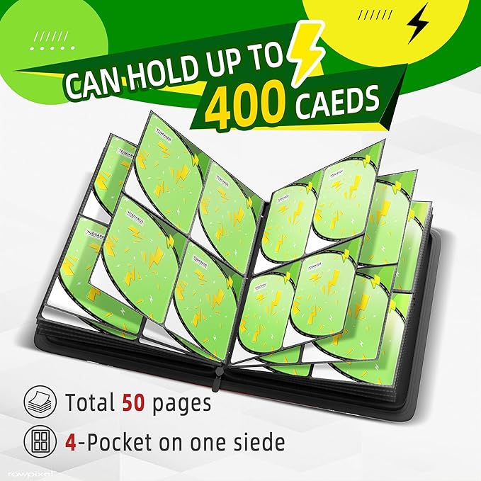 Trading Card Binder 4 Pocket,400 Pocket Card Collection Binder with 50 Removable Sleeves,PU Waterproof Top Card Book,3-Ring Zipper Collectible Trading Card Album for MTG/TCG/Card Holder Gift（Green）