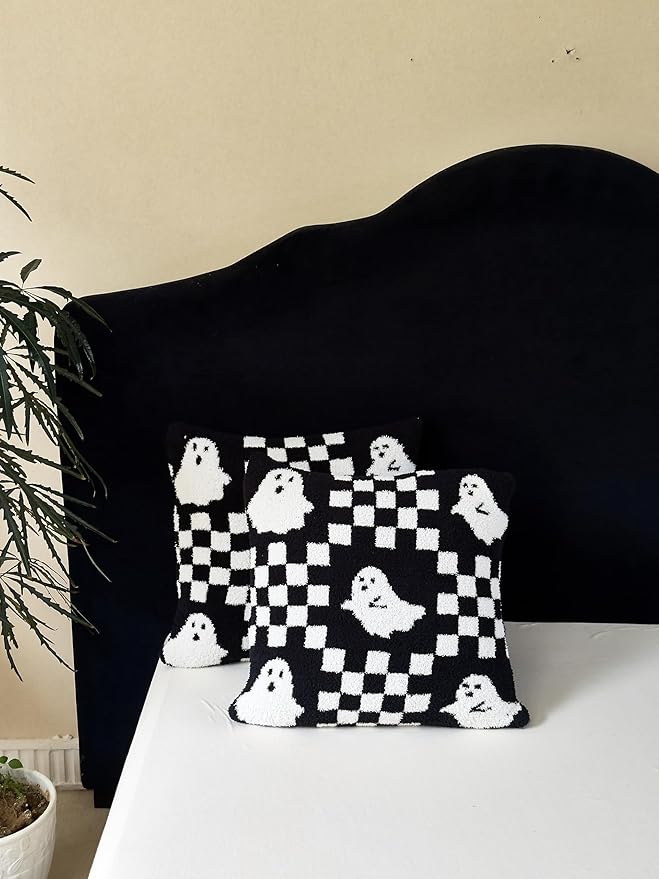 Ultra Soft Cozy Checkered Ghost Happy Halloween Knitted Throw Pillow Cover Fluffy Microfiber Checkerboard pillocase Lightweight Decorative for Sofa Bed 18 Inches Both Sides Black