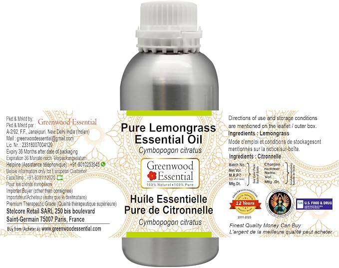 Greenwood Essential Pure Lemongrass Essential Oil (Cymbopogon citratus) Steam Distilled 630ml (21 oz)