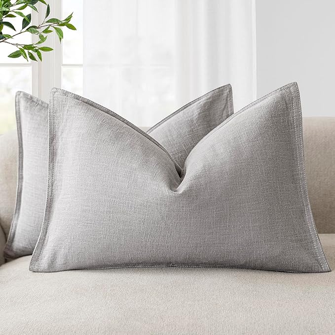 Foindtower Pack of 2, Decorative Linen Solid Throw Pillow Covers Accent Lumbar Cushion Case Farmhouse Pillowcase for Chair Couch Sofa Bedroom Living Room Home Decor 12 x 20 Inch Light Rustic Gray