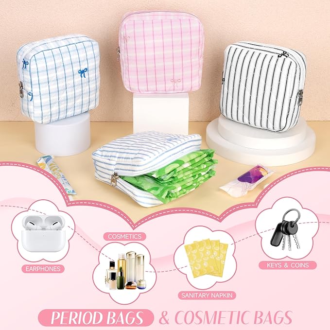 Likesing Quilted Period Bag, Period Pouches for Teen Girls Womens, Portable Floral Print Sanitary Napkin Storage Bag Feminine Emergency Tampon Pad Pouch(Blue Floral Clash)