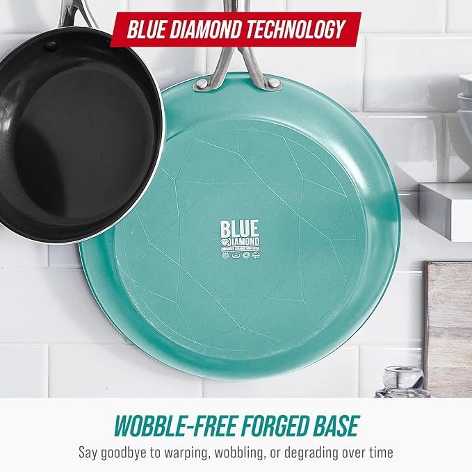 Blue Diamond 8" Diamond Infused Ceramic Nonstick Frying Pan, Turquoise | PFAS-Free Ceramic Nonstick Skillet, Dishwasher & Oven Safe, Stay Cool Handle, Durable Metal Utensil Safe, Egg & Omelet Pan