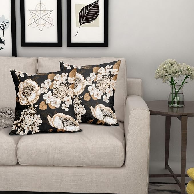 Vintage Flowers Pillow Covers 20X20 Inch Set of 2 White Floral Gold Leaves Botanical Decorative Pillow Cases Rustic Black Cotton Linen Cushion Case Farmhouse Home Decor For Sofa Couch Living Room