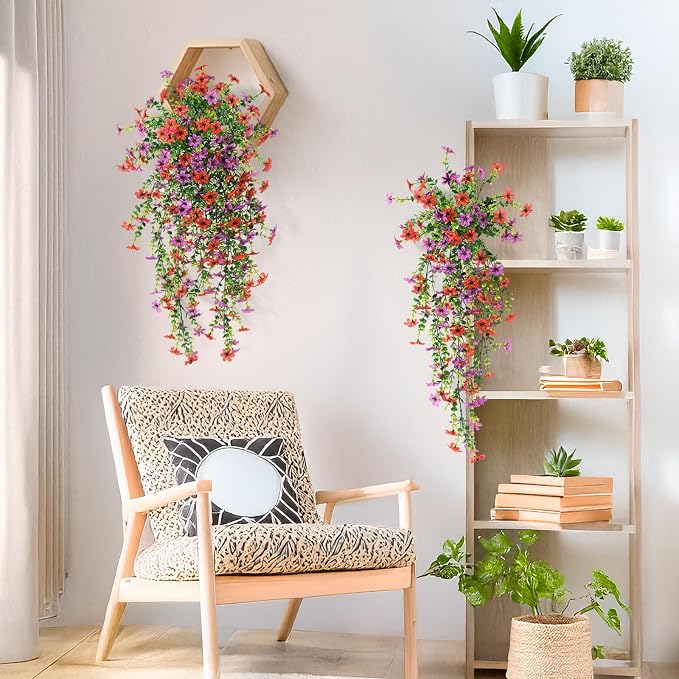 Artificial Hanging Flowers Plants for Outdoor Spring Summer Decoration | 2 PCS Faux Silk Daisy with Eucalyptus Leaves,UV Resistant Look Real for Outside Home Planter Porch Patio Balcony Yard Decor