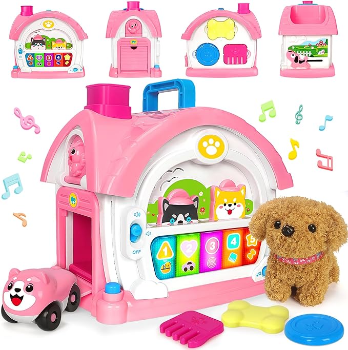Montessori Toys for 1 2 3 Year Old Girl Gifts, Baby Musical Toys 12-18 Months, 10 in 1 Bilingual Learning Toy with Sound Light, Pretend Toy with Plush Puppy, First Birthday for Toddlers