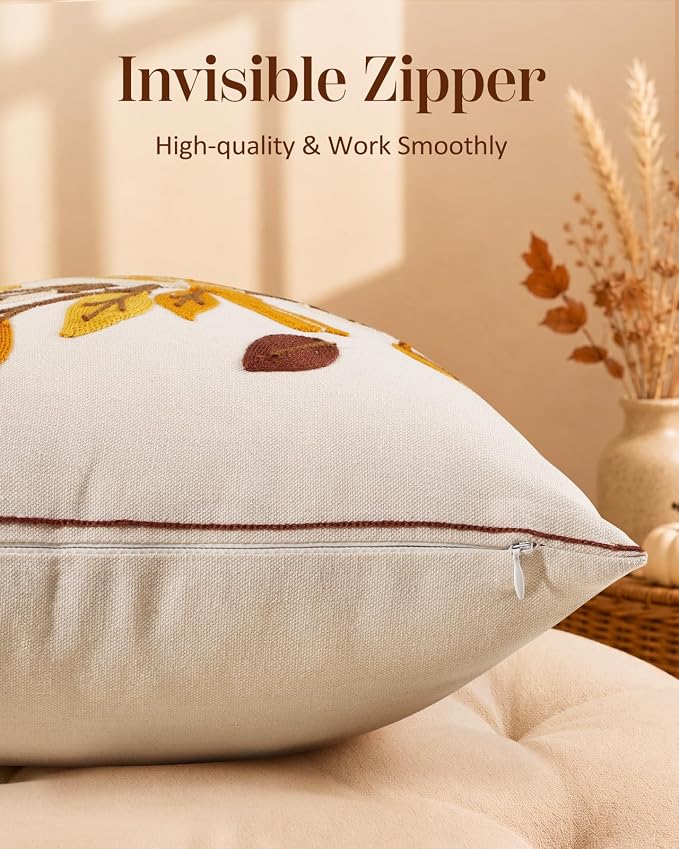 Fall Embroidered Throw Pillow Cover 18x18 Inch, Bird Leaves | Decorative Pillow Cover, Farmhouse Cushion Cases with Hidden Zipper, Autumn Decor for Couch, Sofa, Bed, Living Room