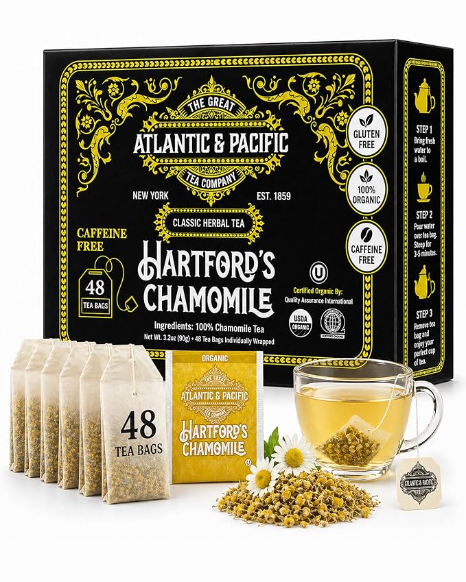 A&P Coffee Hartford’s Chamomile Tea Bags, 48 Count, Caffeine Free Herbal Tea, Soothing Bedtime Tea, Calming Relaxation Blend, Smooth Flavor, Hot or Iced Tea, Premium Herbal Infusion, Fresh Aroma