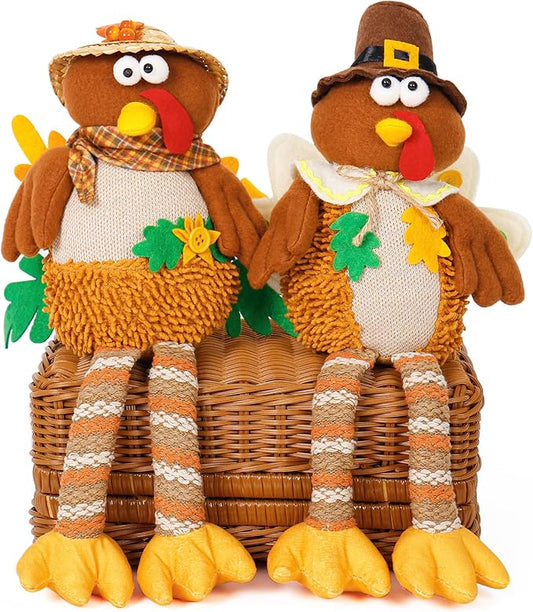 2 Pack Turkey Stuffed Animal, Thanksgiving Table Decor Turkeys Plush Fall Couple Doll Indoor Gift for Thanksgiving Day Party Boys and Girls